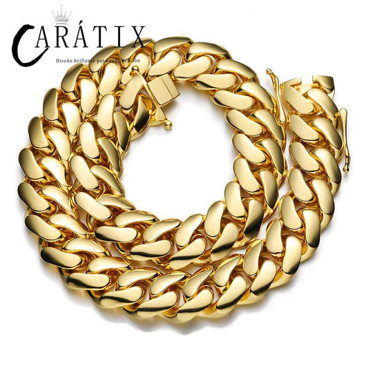 CARÁTIX 10-22mm Wide Round Cuban Miami Link Chain Necklace – Golden Hip Hop Jewelry for Men & Women