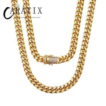 CARÁTIX 10MM Stainless Steel Miami Cuban Chain Necklace – Hip Hop Iced Out Jewelry with CZ Zircon for Men & Women