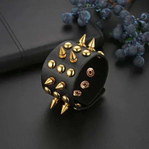 Personality Streetwear Punk Goth Rock Spiked Riveted Wide Leather Cuff Bracelets – Statement Accessories - CaratixJewelry