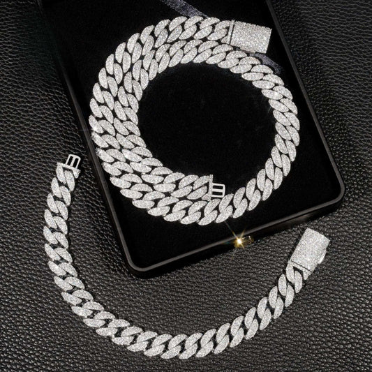 12mm Double-Row Moissanite Cuban Link Necklace | S925 Silver Iced Out Hip Hop Chain - CaratixJewelry