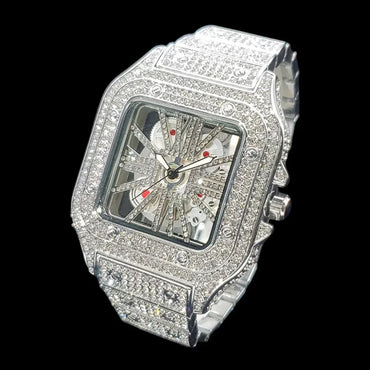 Skeleton Red Dial VVS Iced Out Designer Watch – Luxury Hip Hop Style - CaratixJewelry