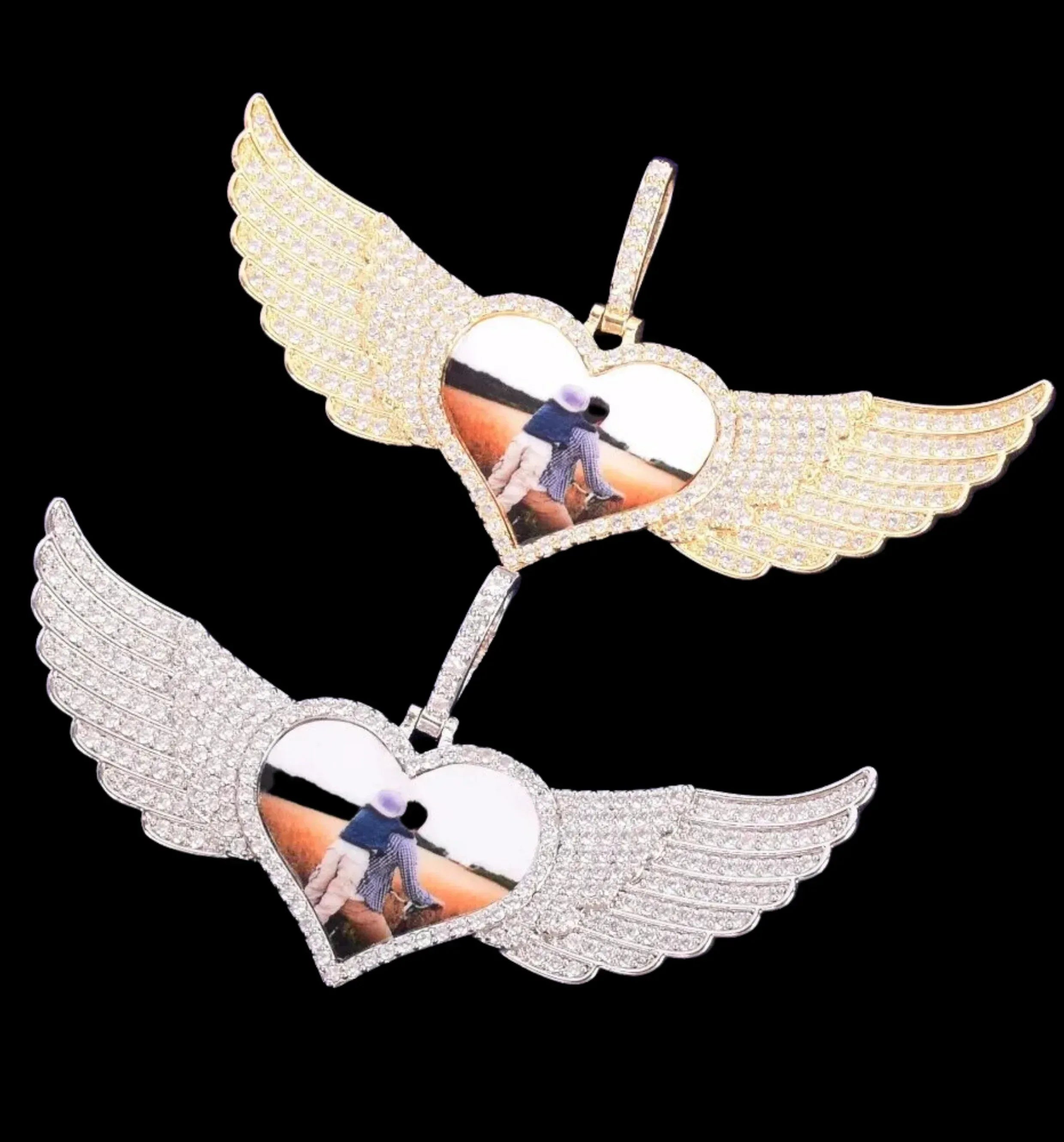 Long Wings Heart Custom Photo Pendant Necklace – Personalized Iced Out Picture Jewelry for Men and Women - CaratixJewelry