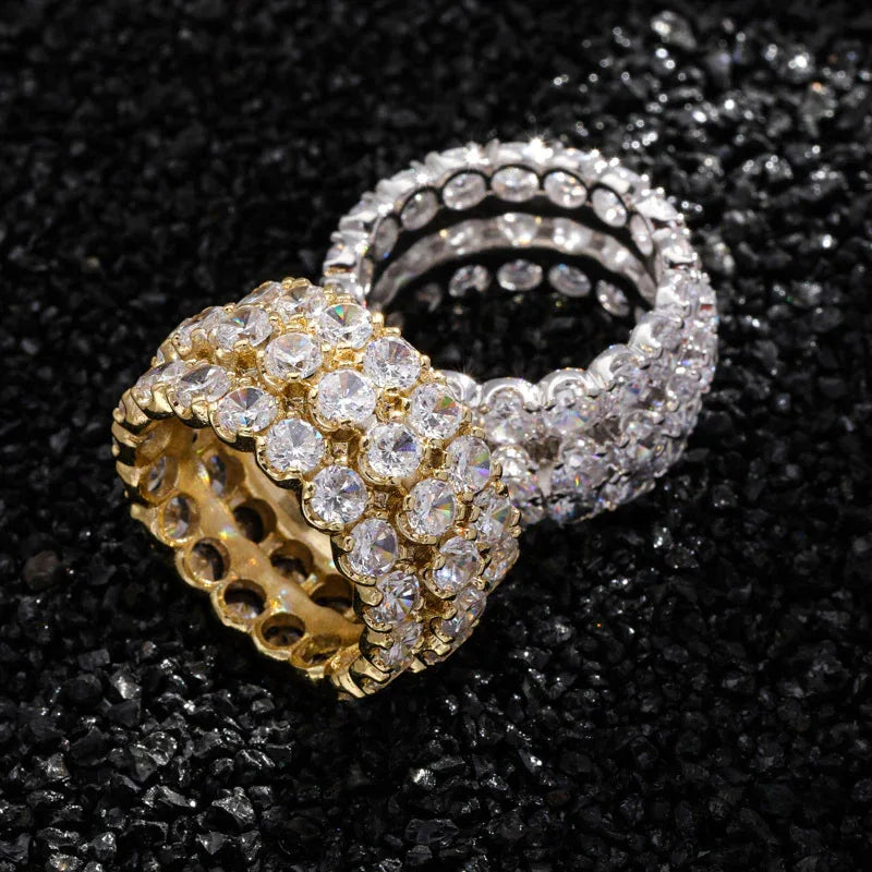 Men's Iced Out Triple-Row Zirconia Ring | Large Stone Hip Hop Band | Caratix