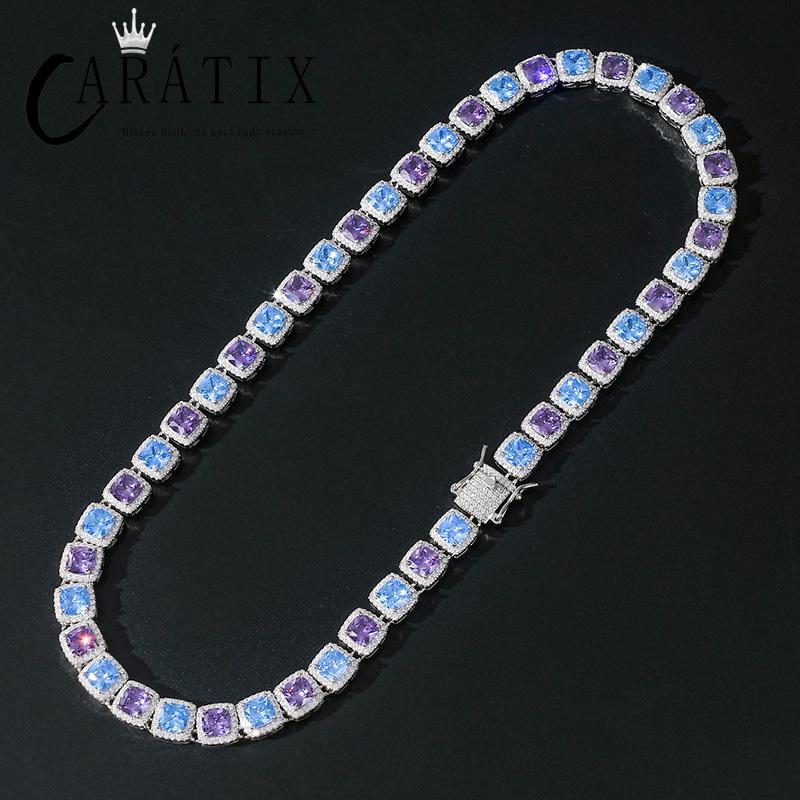 CARÁTIX - Hip Hop Bling Iced Out Geometric Square Blue Purple 5A+ CZ Stone Tennis Link Chain Chokers Necklaces for Men Rapper Jewelry Valentine's Day Gift for Men & Girls & Boys Mothers' Day Gift #Springtok
