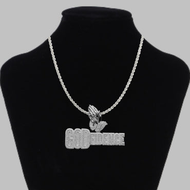God Fidence Praying Hands Bail Iced Out Letter Diamond Pendant Necklace – Custom Hip Hop Jewelry for Men