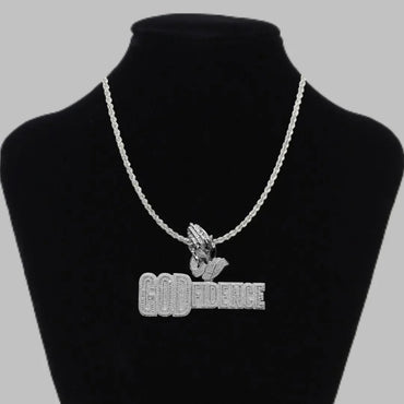 God Fidence Praying Hands Bail Iced Out Letter Pendant Necklace – Custom Hip Hop Jewelry for Men - CaratixJewelry