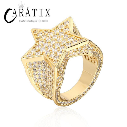Caratix - Hip Hop Explosive Copper Inlaid Zircon Pentagram Star Ring Men's Jewelry High Quality Hip Hop Ring