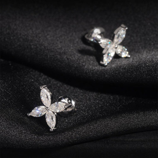 925 Silver Moissanite Look Floral Stud Earrings Unisex - CaratixJewelry
