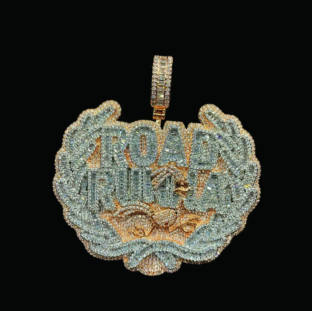 Road Runna Two Tone Badge Iced Out Letter Pendant Necklace – Custom Hip Hop Jewelry for Men - CaratixJewelry