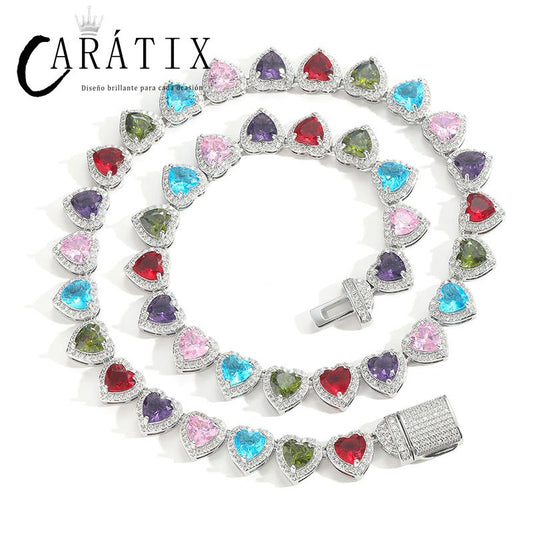CARÁTIX Colorful Hearts Tennis Chain | CZ Iced Out Hip Hop Choker Necklace for Men & Women