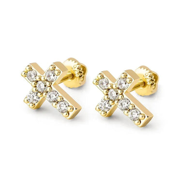 14K Rose Gold & .925 Silver Holy Cross Simulated Bling Earrings - CaratixJewelry