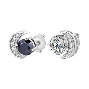 Genuine VVS Diamond Solid Sterling Silver Crescent Moon Stud Earrings – Black & White Iced Bling Jewelry
