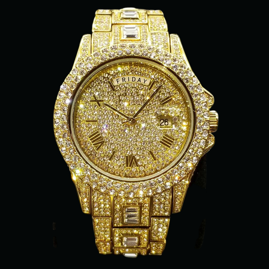Day Date Roman Numerals VVS Iced Out Diamond Watch – Luxury Hip Hop Style