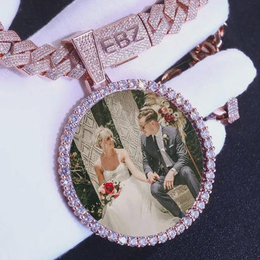 15mm Cuban Chain with Big Circle Photo Pendant Rose Gold Plated Hip Hop Picture Necklace Jewelry Gift Custom Letter/Name/Logo - CaratixJewelry