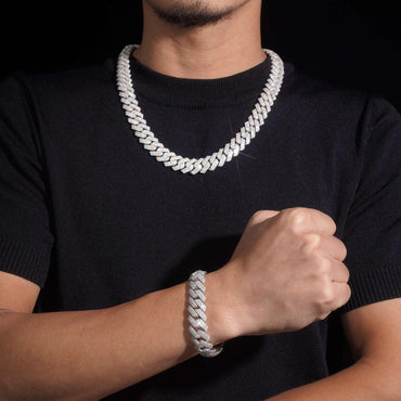 15mm Triple-Row Moissanite Cuban Link Chain – S925 Sterling Silver Iced-Out Hip Hop Men’s Necklace - CaratixJewelry