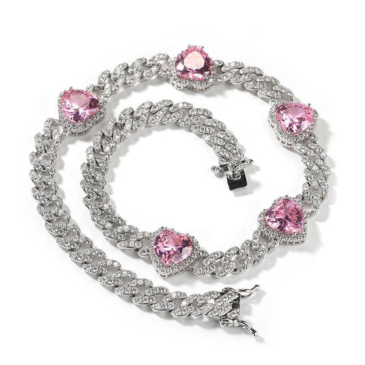 CARÁTIX 7"-24" Pink Hearts Link Chain Necklace – 5A+ CZ Iced Out Hip Hop Bling Jewelry for Men & Women | Unisex Rapper Gift