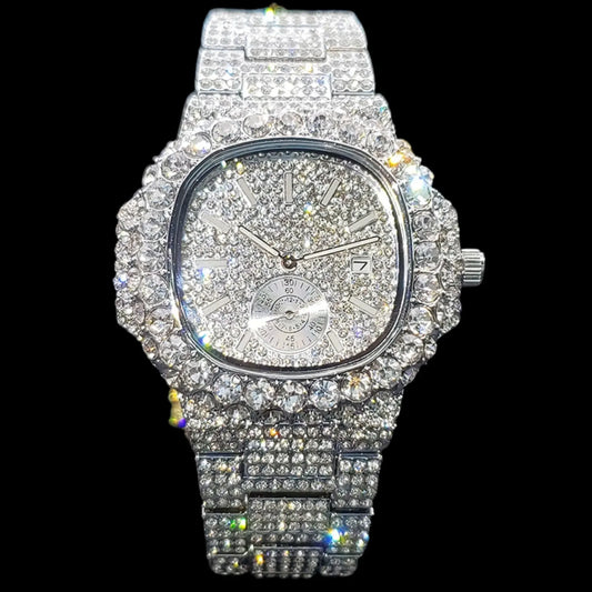 VVS Full Ice Date Special Minute Hand Iced Out Watch – Luxury Hip Hop Jewelry Watch for Men - CaratixJewelry