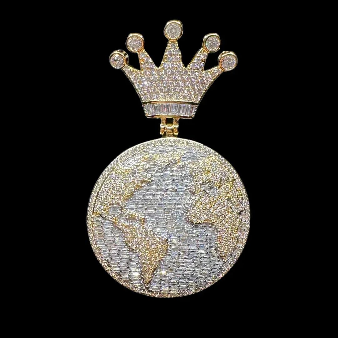 Globe World Crown Bail Iced Out Pendant Necklace – Custom Hip Hop Jewelry for Men - CaratixJewelry