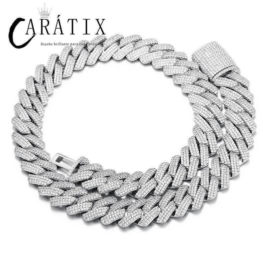 CARÁTIX – 20mm 3-Row Geometric Square Link Chain Necklace | Iced Out CZ Bling Hip Hop Jewelry for Men & Women, Rapper Street Style - CaratixJewelry