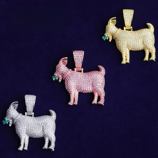 Iced Out "Grazing Goat" G.O.A.T. Pendant | Men's Real Copper CZ Necklace - CaratixJewelry