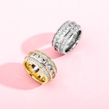 Men's Triple Row Baguette Ring | Iced Out 3-Row T-Stone Band | Caratix
