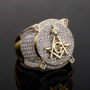 Men's Iced Out Masonic Ring | Retro AG Compass & Square Signet | Caratix