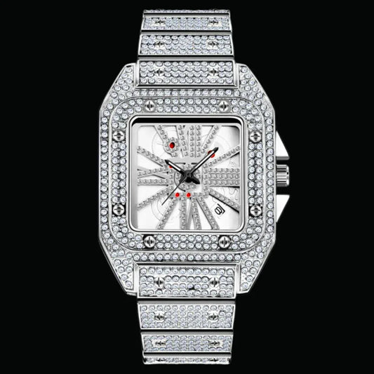 Square Special Red Dial Date Iced Out Watch – Luxury Hip Hop Jewelry Watch for Men - CaratixJewelry