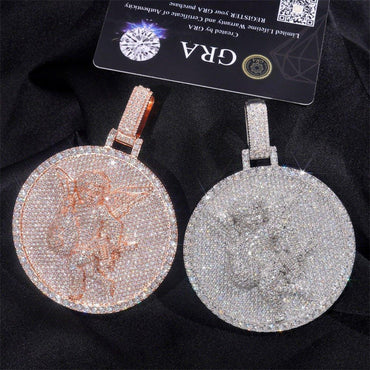 2.5-Inch Angel Medallion Pendant – 925 Sterling Silver Moissanite Iced-Out Hip Hop Jewelry - CaratixJewelry