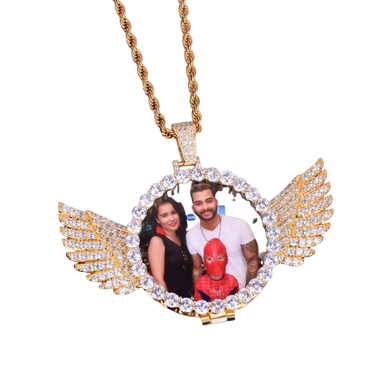 Angel Wings Medallion Circle Custom Photo Picture Pendant Necklace - Personalized Jewelry