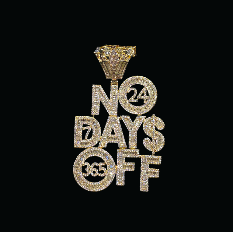 No Days OFF Crown Bail Iced Out Letter Diamond Pendant Necklace – Custom Hip Hop Jewelry for Men