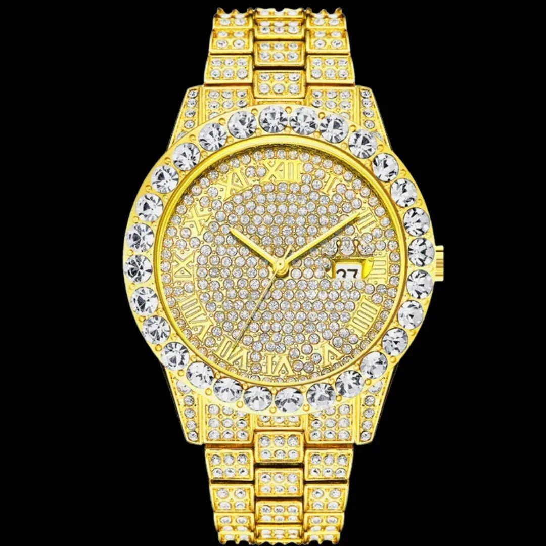 Roman Numerals Fully Stoned Dial Iced Out Watch – Luxury Hip Hop Timepiece - CaratixJewelry