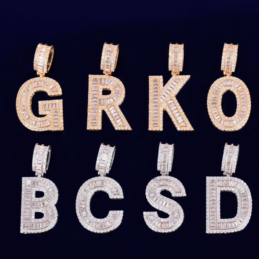 Solid Baguette Letters Iced Out Personalized Custom Name Necklace Pendant - Luxury Custom Jewelry - CaratixJewelry