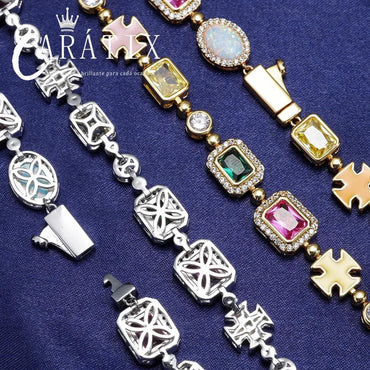 CARÁTIX - 10mm Custom Multi Color Enamel Bling Cz Stone Chain Silver Geometric Gemstone Motif Chain Necklace Valentine's Day Gift for Men & Girls & Boys Mothers' Day Gift #Springtok