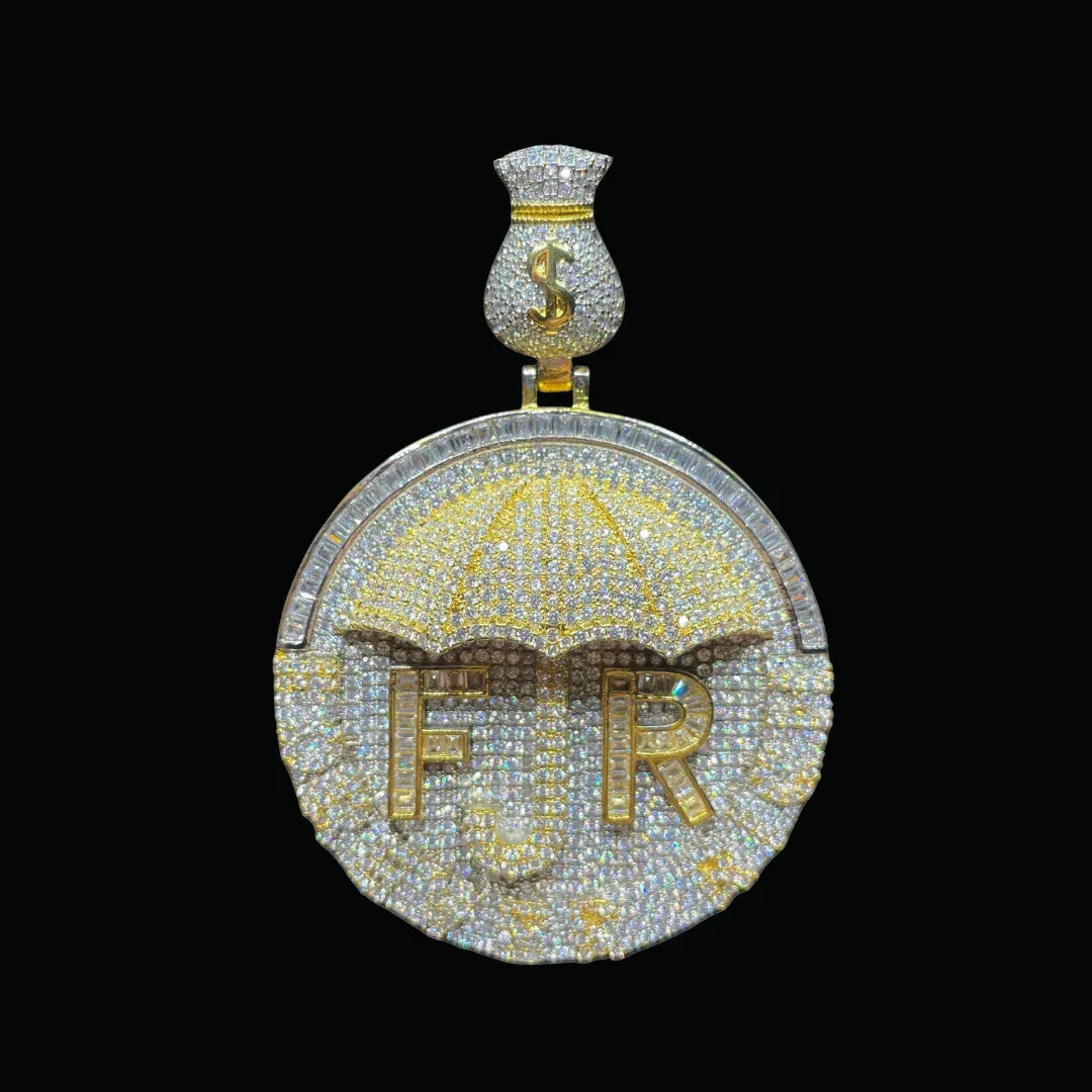 Forever Rich Umbrella Money Bag Bail Iced Out Letter Pendant Necklace – Custom Hip Hop Jewelry for Men - CaratixJewelry