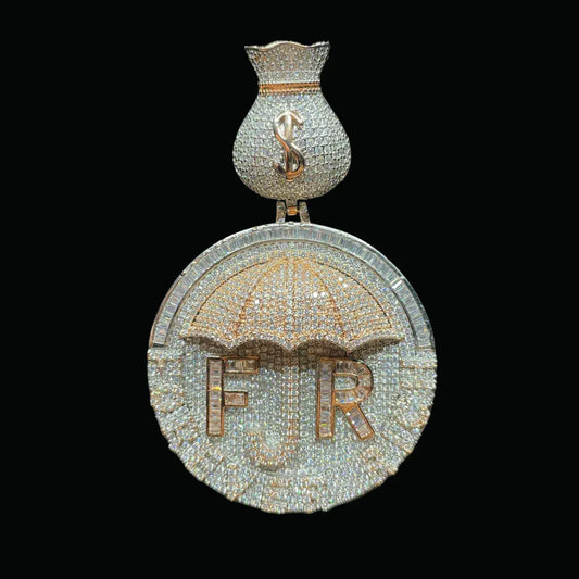 Forever Rich Umbrella Money Bag Bail Iced Out Letter Pendant Necklace – Custom Hip Hop Jewelry for Men - CaratixJewelry