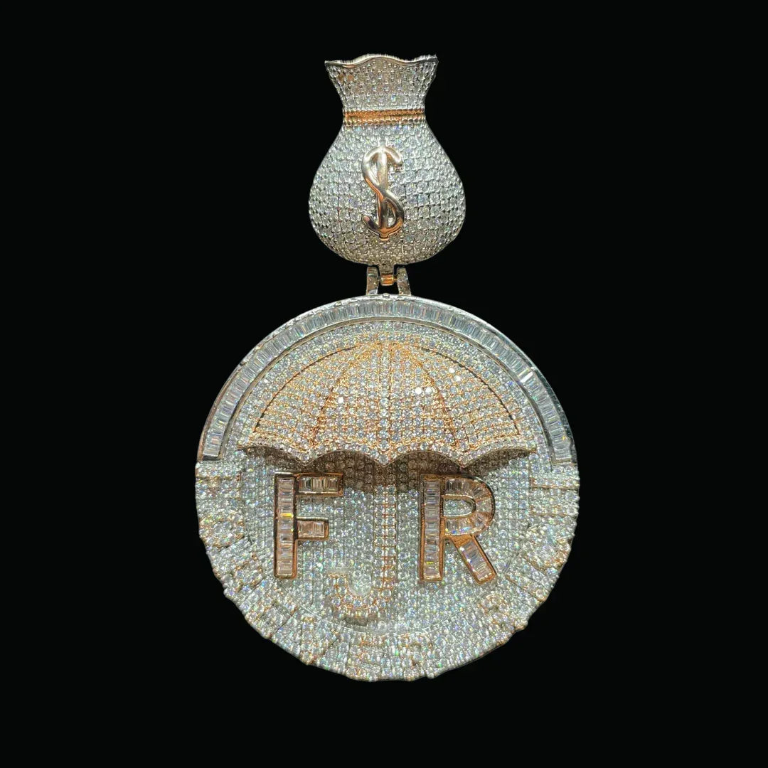 Forever Rich Umbrella Money Bag Bail Iced Out Letter Pendant Necklace – Custom Hip Hop Jewelry for Men - CaratixJewelry