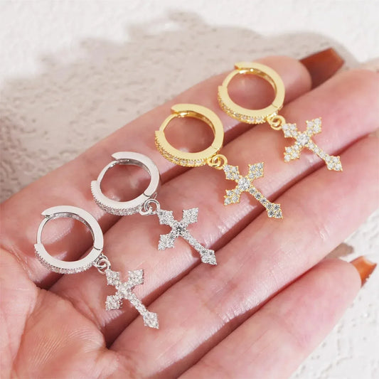 S925 Silver Cross Design Moissanite Hoop Stud Earrings Unisex - CaratixJewelry