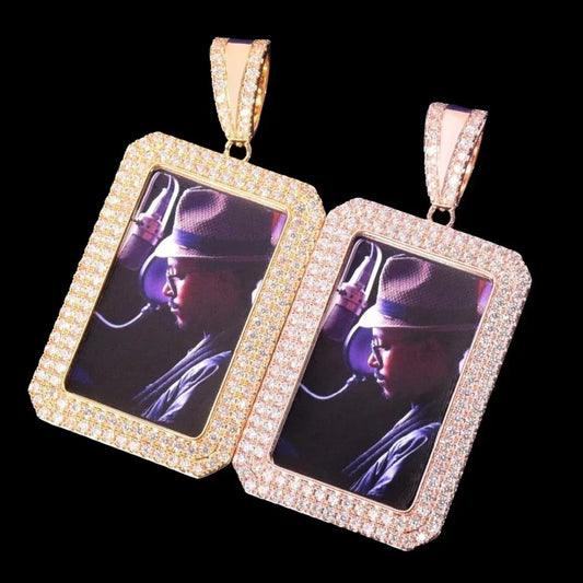 Double Tennis Rectangle Custom Photo Pendant Necklace – Iced Out Hip Hop Picture Jewelry for Men and Women - CaratixJewelry