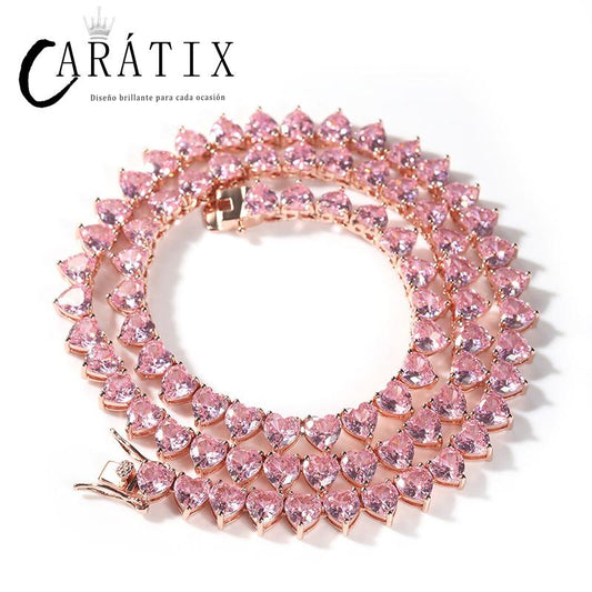 CARÁTIX - Hip Hop Bling Iced Out 1 Row Heart Shape CZ Stone Tennis Link Chain Chokers Necklaces for Men Women Lovers Rapper Jewelry Valentine's Day Gift for Men & Girls & Boys Mothers' Day Gift #Springtok Cuban