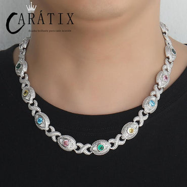 CARÁTIX Hip Hop Round Cuban Chain Necklace – Colorful CZ Iced Out Infinity Link Jewelry for Men & Women