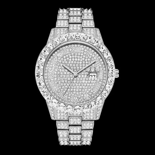 Roman Numerals Fully Stoned Dial Iced Out Watch – Luxury Hip Hop Timepiece - CaratixJewelry