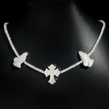 3mm Moissanite Tennis Chain with Cross & Praying Hands Pendant – S925 Sterling Silver Hip Hop Streetwear Necklace - CaratixJewelry