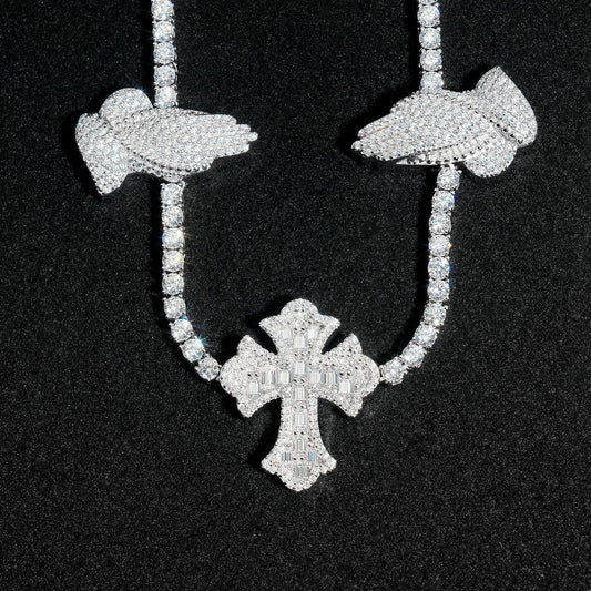 3mm Moissanite Tennis Chain with Cross & Praying Hands Pendant – S925 Sterling Silver Hip Hop Streetwear Necklace - CaratixJewelry