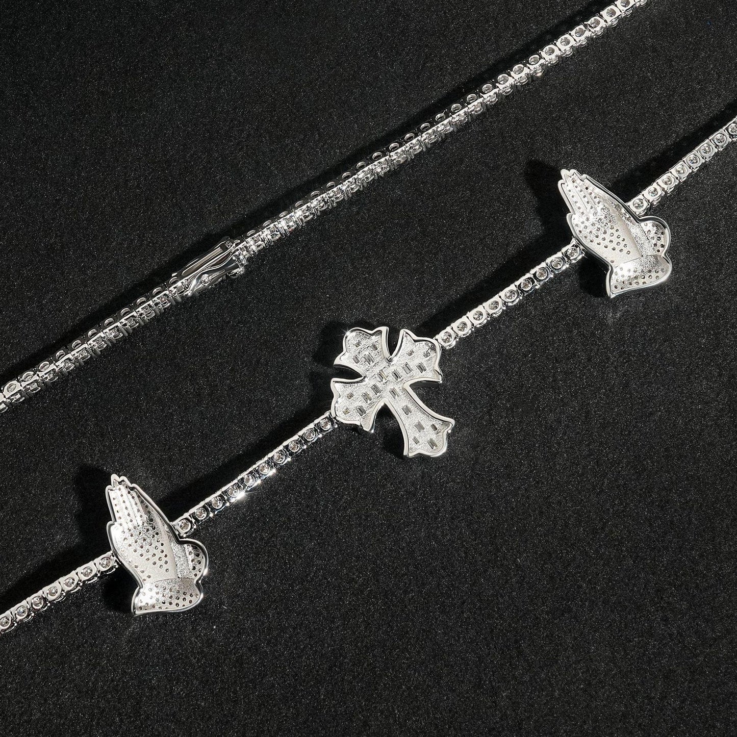 3mm Moissanite Tennis Chain with Cross & Praying Hands Pendant – S925 Sterling Silver Hip Hop Streetwear Necklace - CaratixJewelry