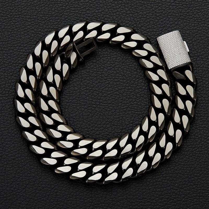 CARÁTIX - Hip Hop Bling Iced Out Stainless Steel 14mm Round Cuban Miami Link Chain Necklace for Men Rapper Jewelry Black Color Valentine's Day Gift for Men & Girls & Boys Mothers' Day Gift #Springtok