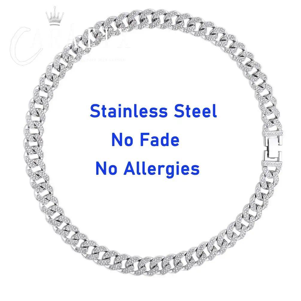 CARÁTIX 12mm Stainless Steel Cuban Link Chain Necklace – Rhinestone CZ Iced Out Hip Hop Jewelry for Men & Women | No Fade Design