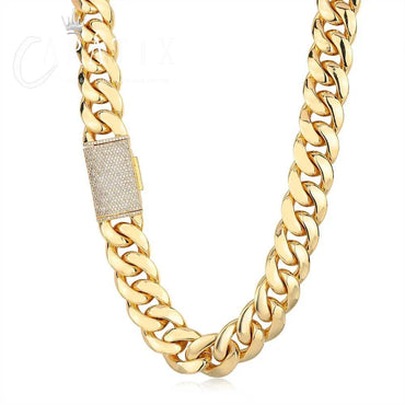 CARÁTIX 12mm/22mm Lock Miami Cuban Link Chain Necklace – 5A CZ Iced Out Hip Hop Bling Jewelry for Men | Brass Thick Design