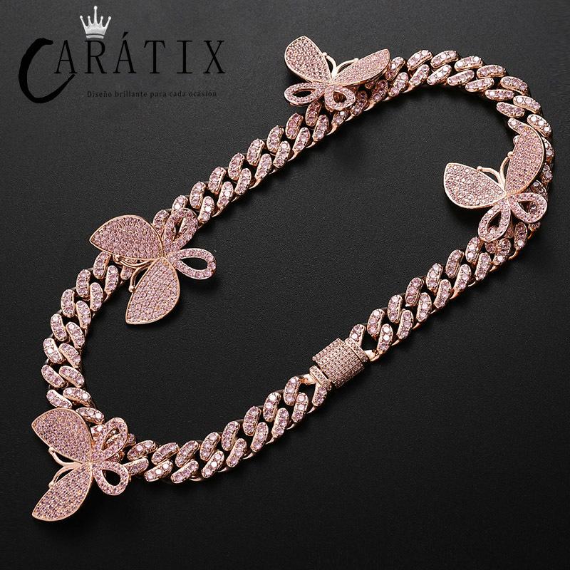 CARÁTIX All Pink Butterfly Cuban Chain | CZ Iced Out Miami Choker Necklace for Men & Women