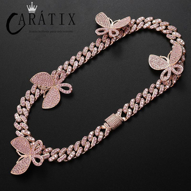 CARÁTIX All Pink Butterfly Cuban Chain | CZ Iced Out Miami Choker Necklace for Men & Women - CaratixJewelry