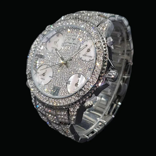 Waterproof Big Dial Dual Time Iced Out Watch – Luxury Hip Hop Style - CaratixJewelry